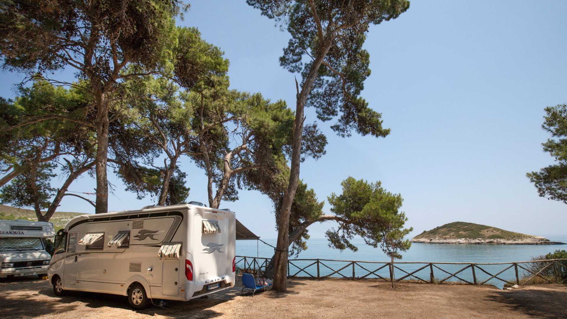 Camper parcheggiati vicino al mare, circondati da alberi e con vista su un'isola.